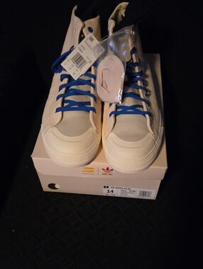 adidas Men High-Top Sneakers in Cream with Blue Laces